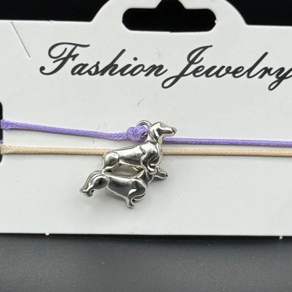 Fashion Jewelry Dachshund Dog Charm Adjustable Cord Bracelet Purple Tan Set of 2